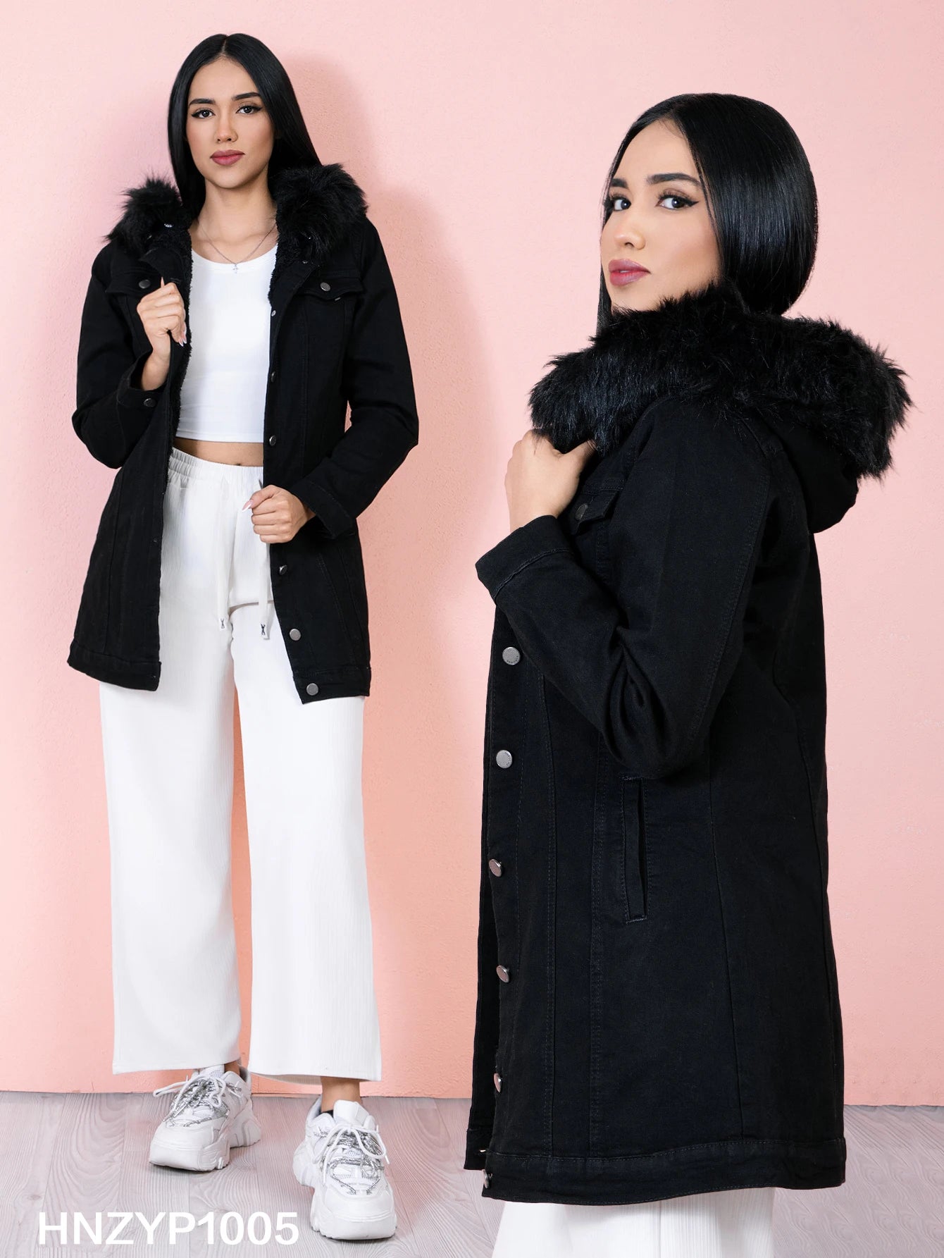 Chamarra Larga de Jeans Negra con Felpa y Capucha de Peluche - Perfecta para un Look Invernadero Cálido y Sofisticado HNZYP1005