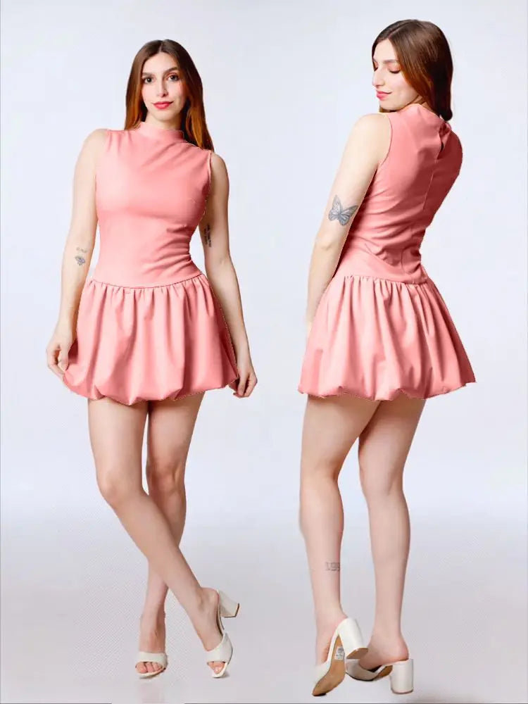 Vestido globo cuello alto sin mangas, ajustado corto formal casual
