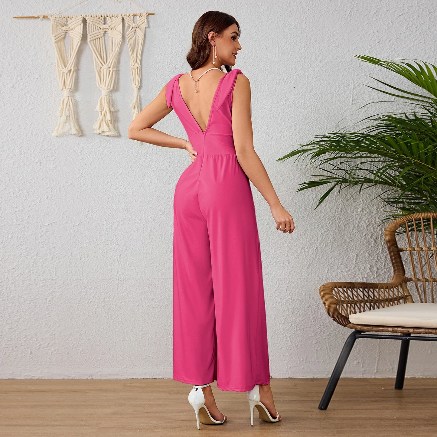 Elegante Mono De Color Sólido Para Mujer,Mono Sin Espalda Cuello V Y Piernas Anchas De Cintura Alta
