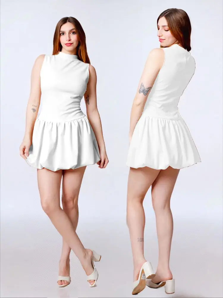 Vestido globo cuello alto sin mangas, ajustado corto formal casual