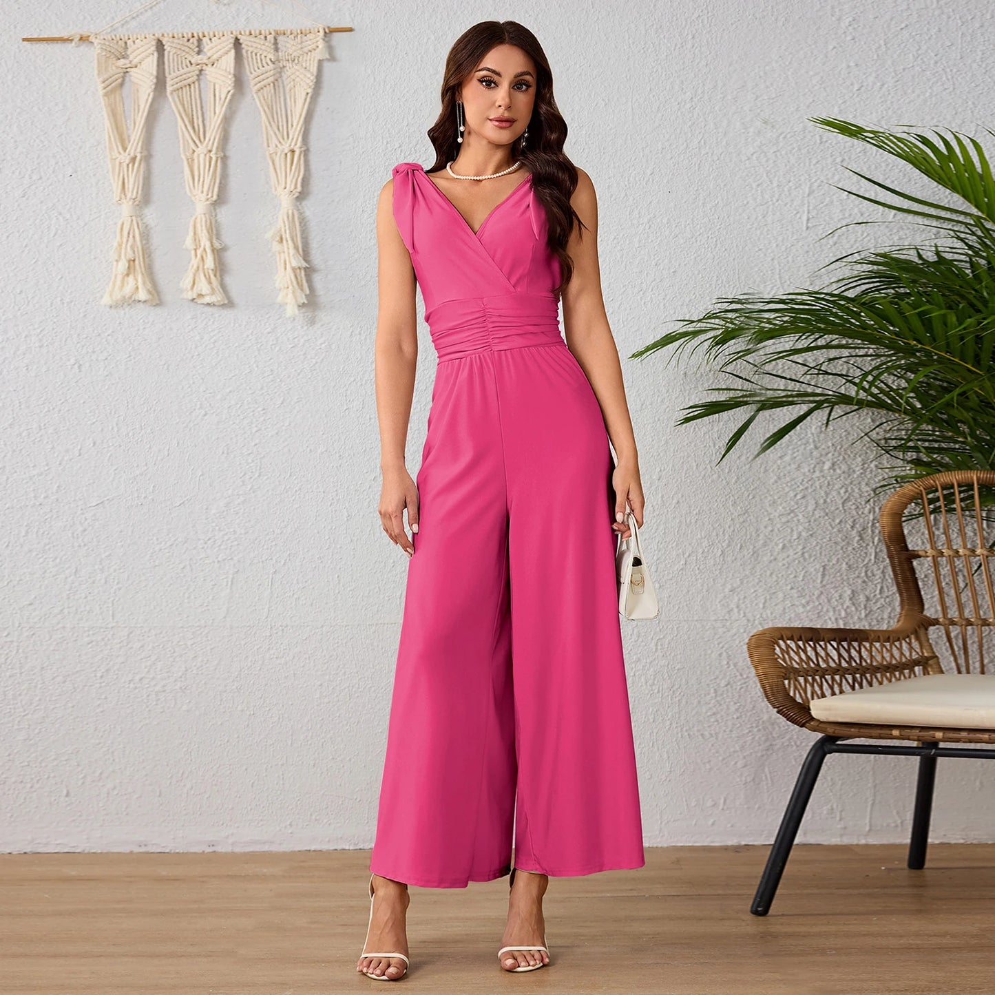 Elegante Mono De Color Sólido Para Mujer,Mono Sin Espalda Cuello V Y Piernas Anchas De Cintura Alta