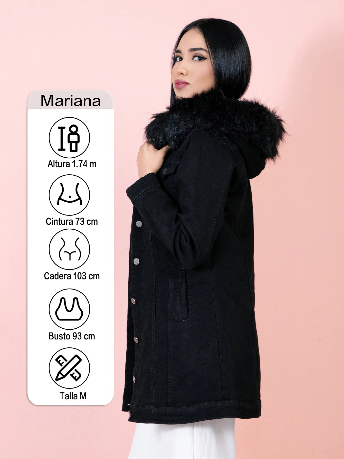 Chamarra Larga de Jeans Negra con Felpa y Capucha de Peluche - Perfecta para un Look Invernadero Cálido y Sofisticado HNZYP1005