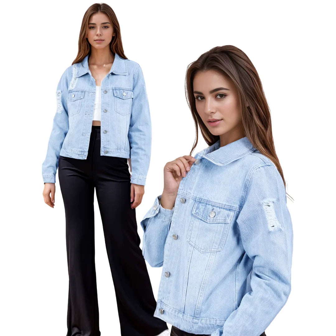 Chamarra Azul para Mujer, Estilo Denim con Botones de Metal y Diseño Desgastado NZ277