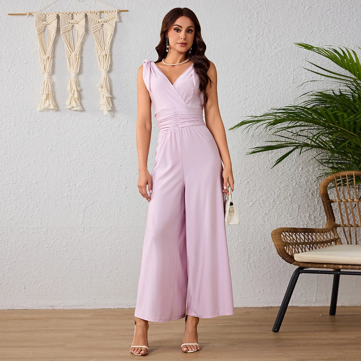 Elegante Mono De Color Sólido Para Mujer,Mono Sin Espalda Cuello V Y Piernas Anchas De Cintura Alta