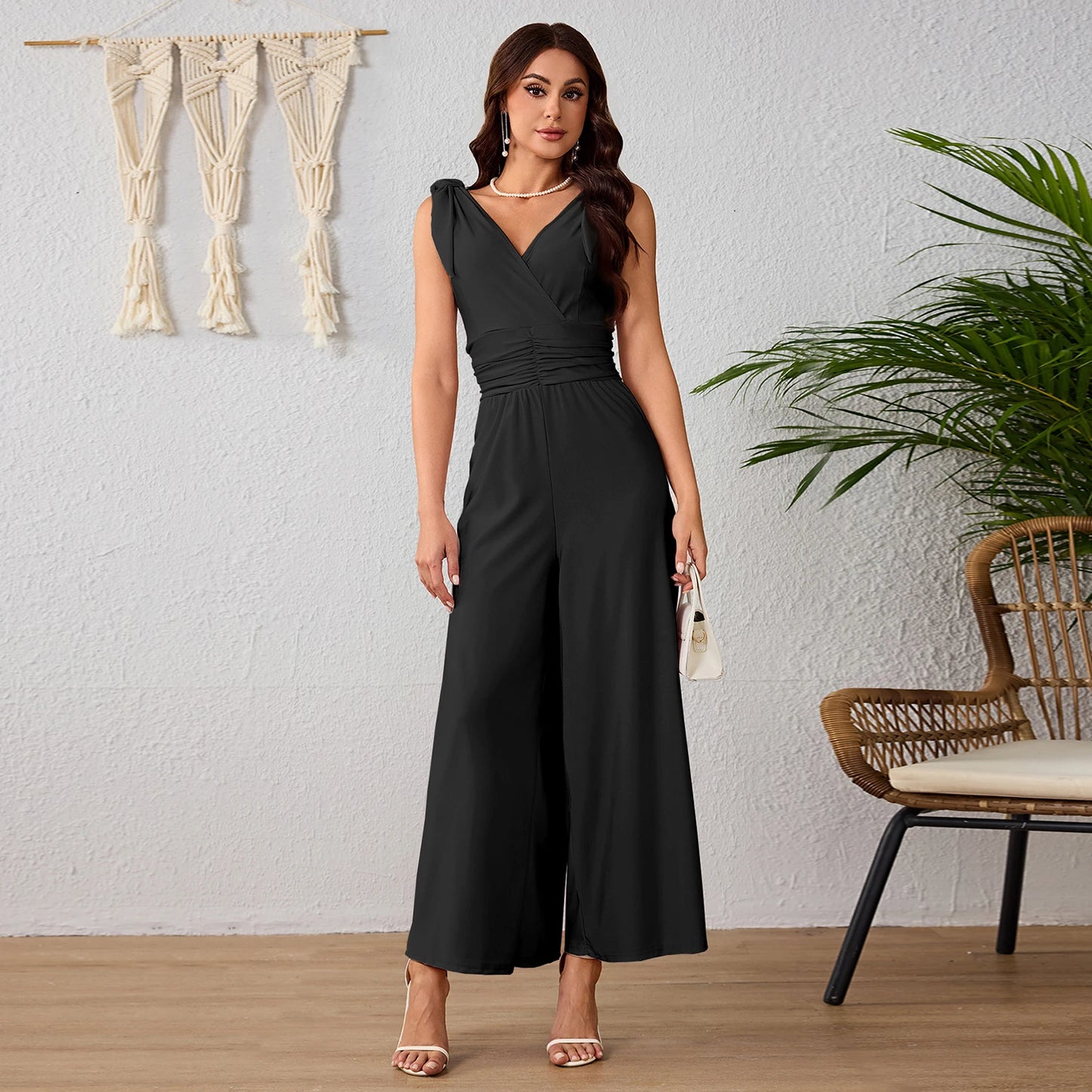 Elegante Mono De Color Sólido Para Mujer,Mono Sin Espalda Cuello V Y Piernas Anchas De Cintura Alta