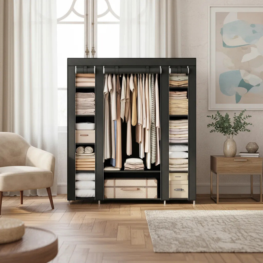 Ropero Armable Portátil con Lona Antipolvo 175x150x45 cm Negro
