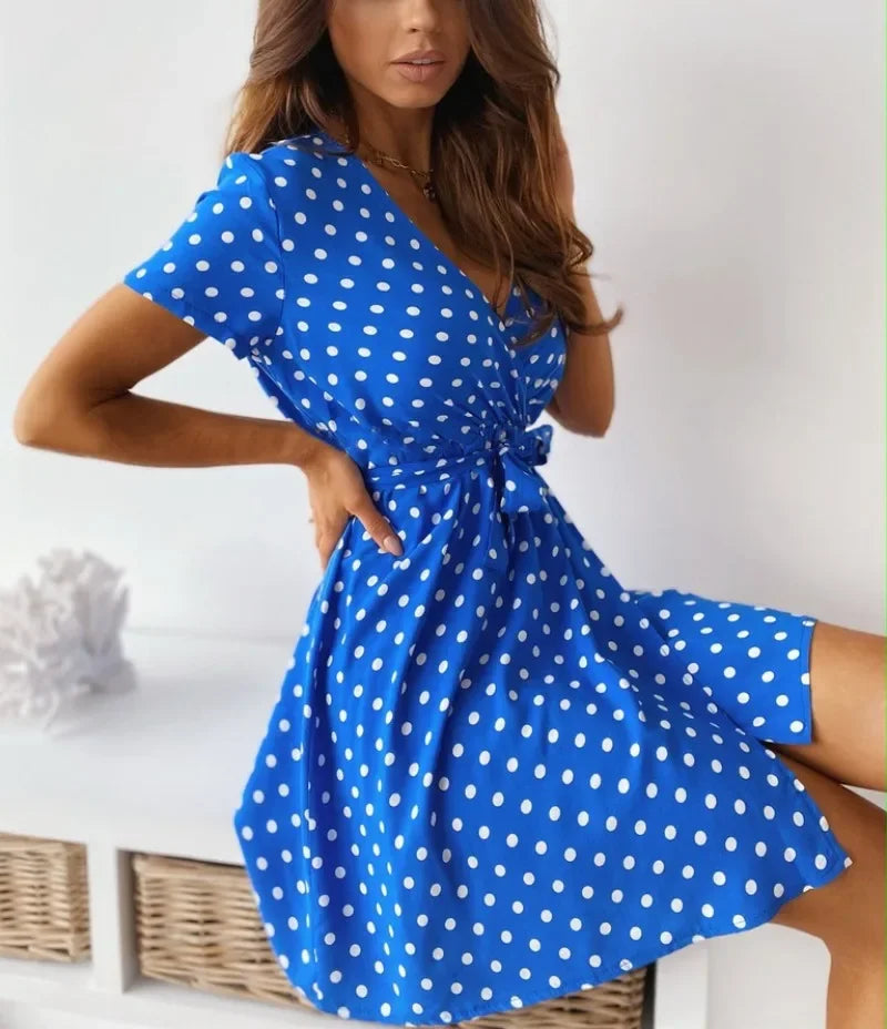 Vestido informal de manga corta con estampado de lunares para mujer, vestido informal a la moda con cuello en V y cinturón para ir al trabajo, vestido de fiesta para mujer