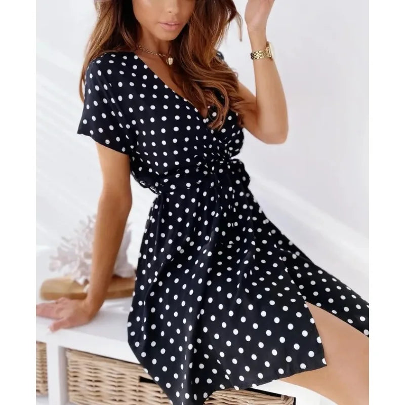Vestido informal de manga corta con estampado de lunares para mujer, vestido informal a la moda con cuello en V y cinturón para ir al trabajo, vestido de fiesta para mujer
