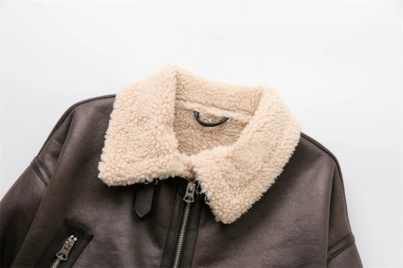ZVRI 2023 nueva moda mujer gruesa cálida chaqueta de piel de oveja sintética abrigo Vintage de manga larga cinturón dobladillo exterior femenino