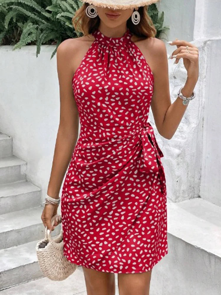 Minivestidos de lunares de colores lisos para mujer, camisola sin mangas con cordones, vestido de fiesta de vacaciones de verano