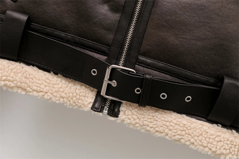 ZVRI 2023 nueva moda mujer gruesa cálida chaqueta de piel de oveja sintética abrigo Vintage de manga larga cinturón dobladillo exterior femenino