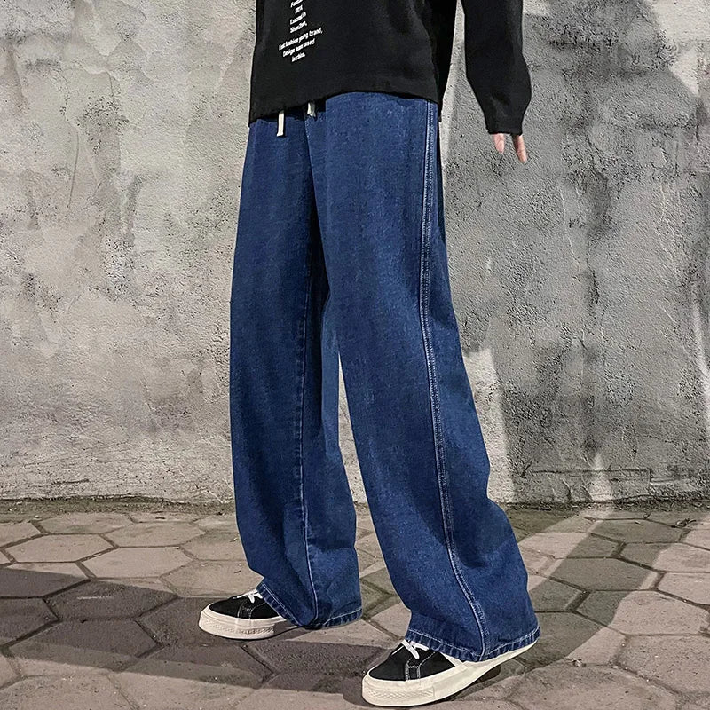 Ropa nueva de calle para hombre, pantalones vaqueros holgados de estilo coreano a la moda, pantalones de pierna ancha rectos holgados, ropa de marca para hombre, negro, azul claro, 2024