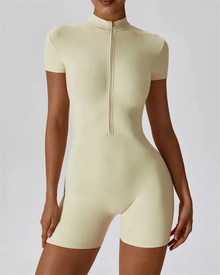 Traje de yoga de una pieza desnudo europeo y americano con cuello alto, media cremallera, mono deportivo de manga corta, ajustado
