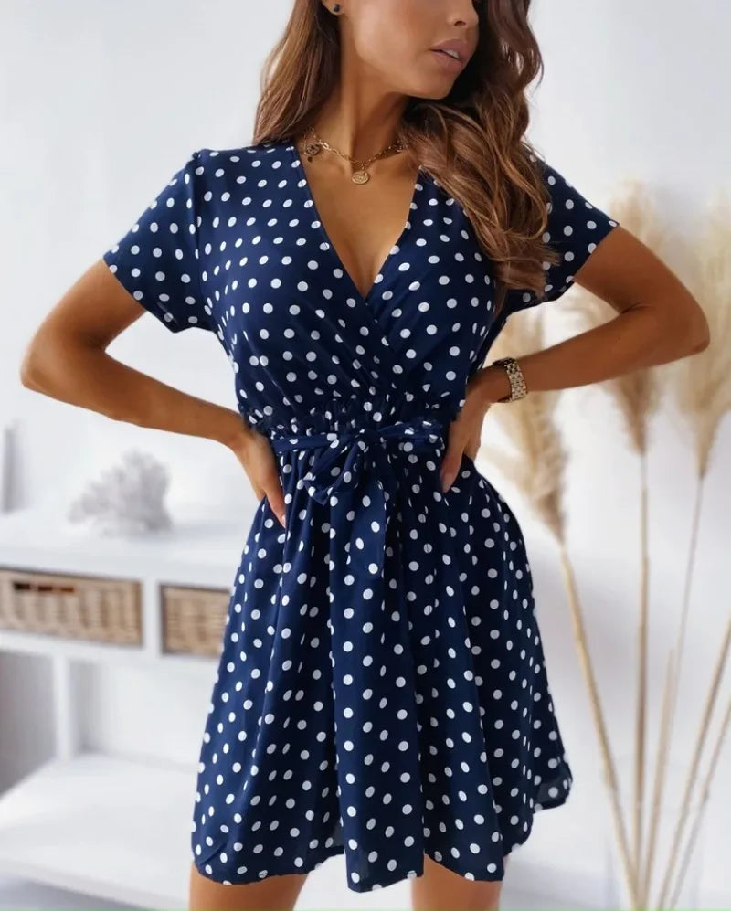 Vestido informal de manga corta con estampado de lunares para mujer, vestido informal a la moda con cuello en V y cinturón para ir al trabajo, vestido de fiesta para mujer