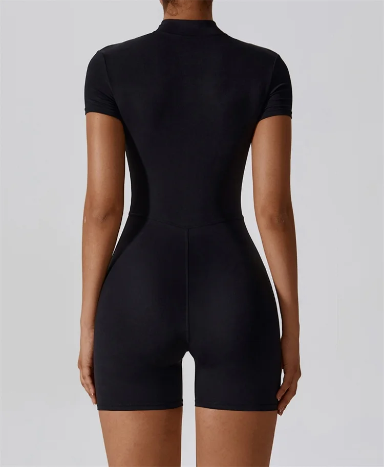Traje de yoga de una pieza desnudo europeo y americano con cuello alto, media cremallera, mono deportivo de manga corta, ajustado