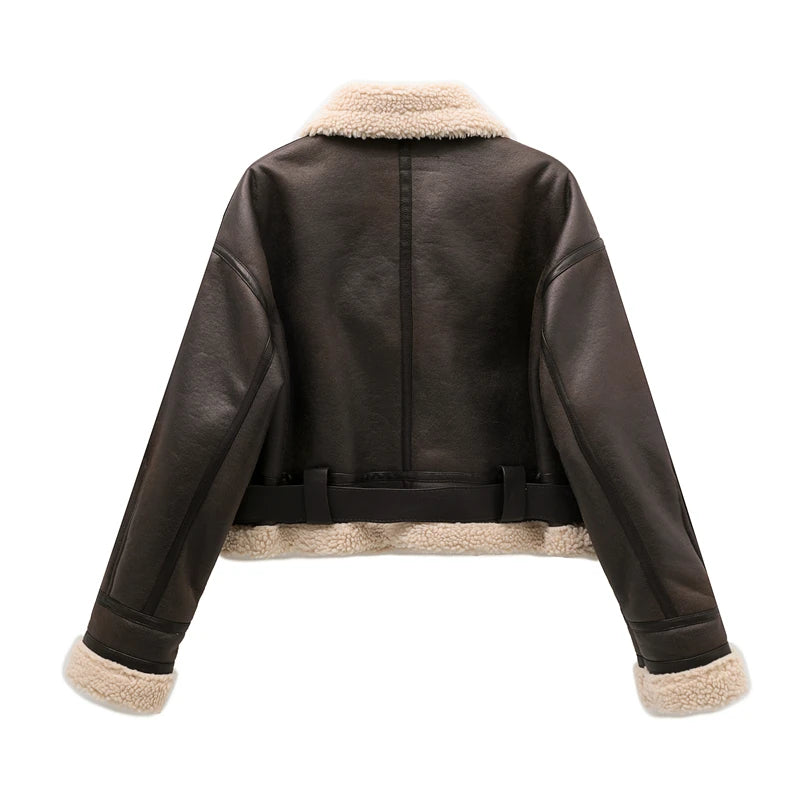 ZVRI 2023 nueva moda mujer gruesa cálida chaqueta de piel de oveja sintética abrigo Vintage de manga larga cinturón dobladillo exterior femenino