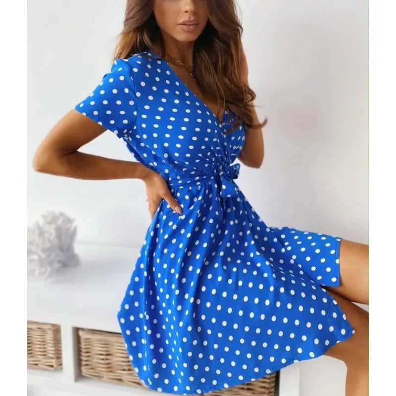 Vestido informal de manga corta con estampado de lunares para mujer, vestido informal a la moda con cuello en V y cinturón para ir al trabajo, vestido de fiesta para mujer