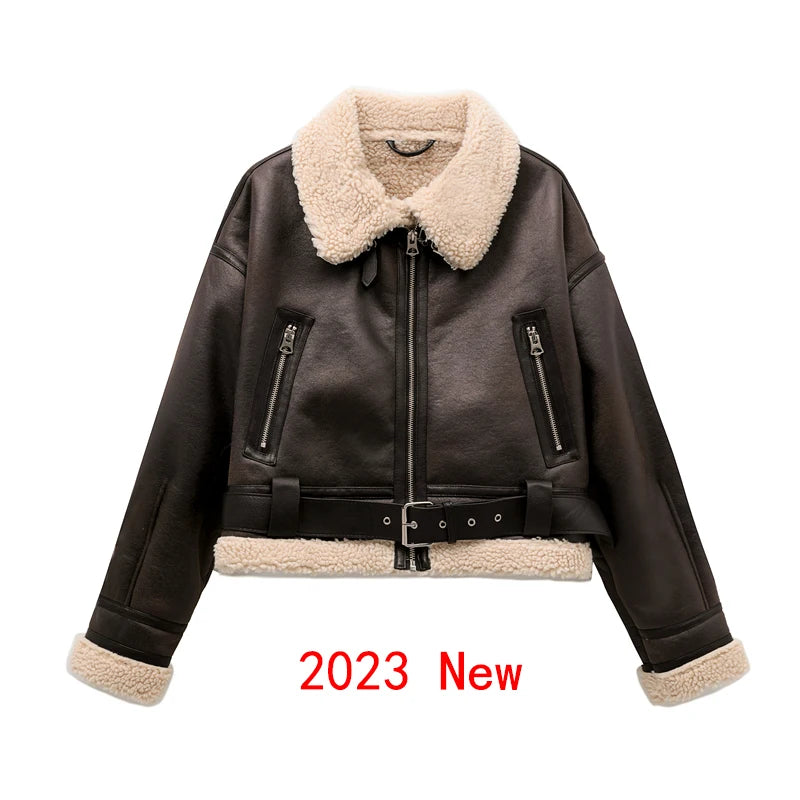 ZVRI 2023 nueva moda mujer gruesa cálida chaqueta de piel de oveja sintética abrigo Vintage de manga larga cinturón dobladillo exterior femenino