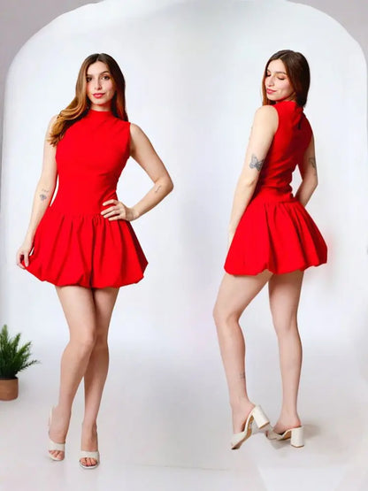 Vestido globo cuello alto sin mangas, ajustado corto formal casual