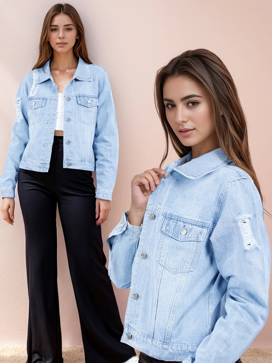 Chamarra Azul para Mujer, Estilo Denim con Botones de Metal y Diseño Desgastado NZ277