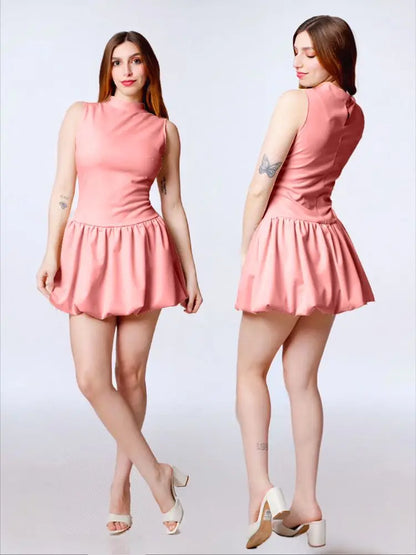 Vestido globo cuello alto sin mangas, ajustado corto formal casual