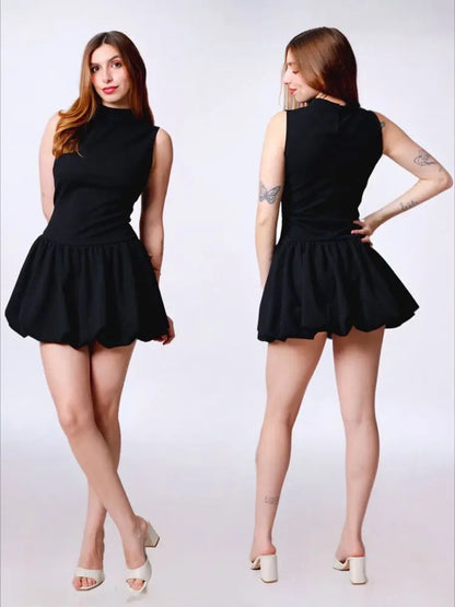 Vestido globo cuello alto sin mangas, ajustado corto formal casual