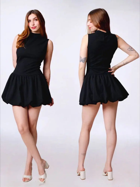 Vestido globo cuello alto sin mangas, ajustado corto formal casual