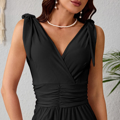 Elegante Mono De Color Sólido Para Mujer,Mono Sin Espalda Cuello V Y Piernas Anchas De Cintura Alta