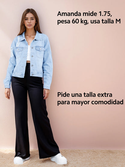 Chamarra Azul para Mujer, Estilo Denim con Botones de Metal y Diseño Desgastado NZ277