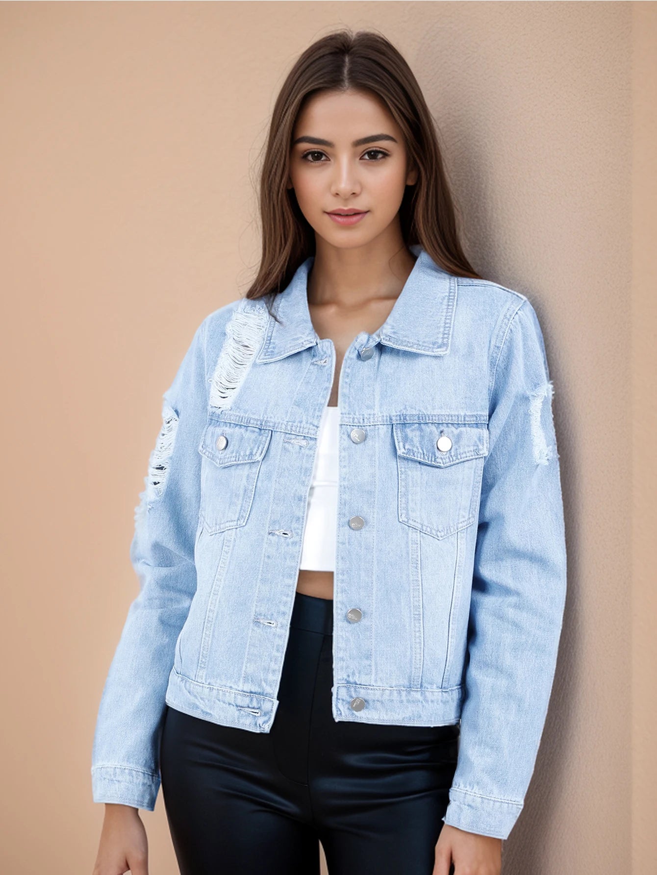 Chamarra Azul para Mujer, Estilo Denim con Botones de Metal y Diseño Desgastado NZ277