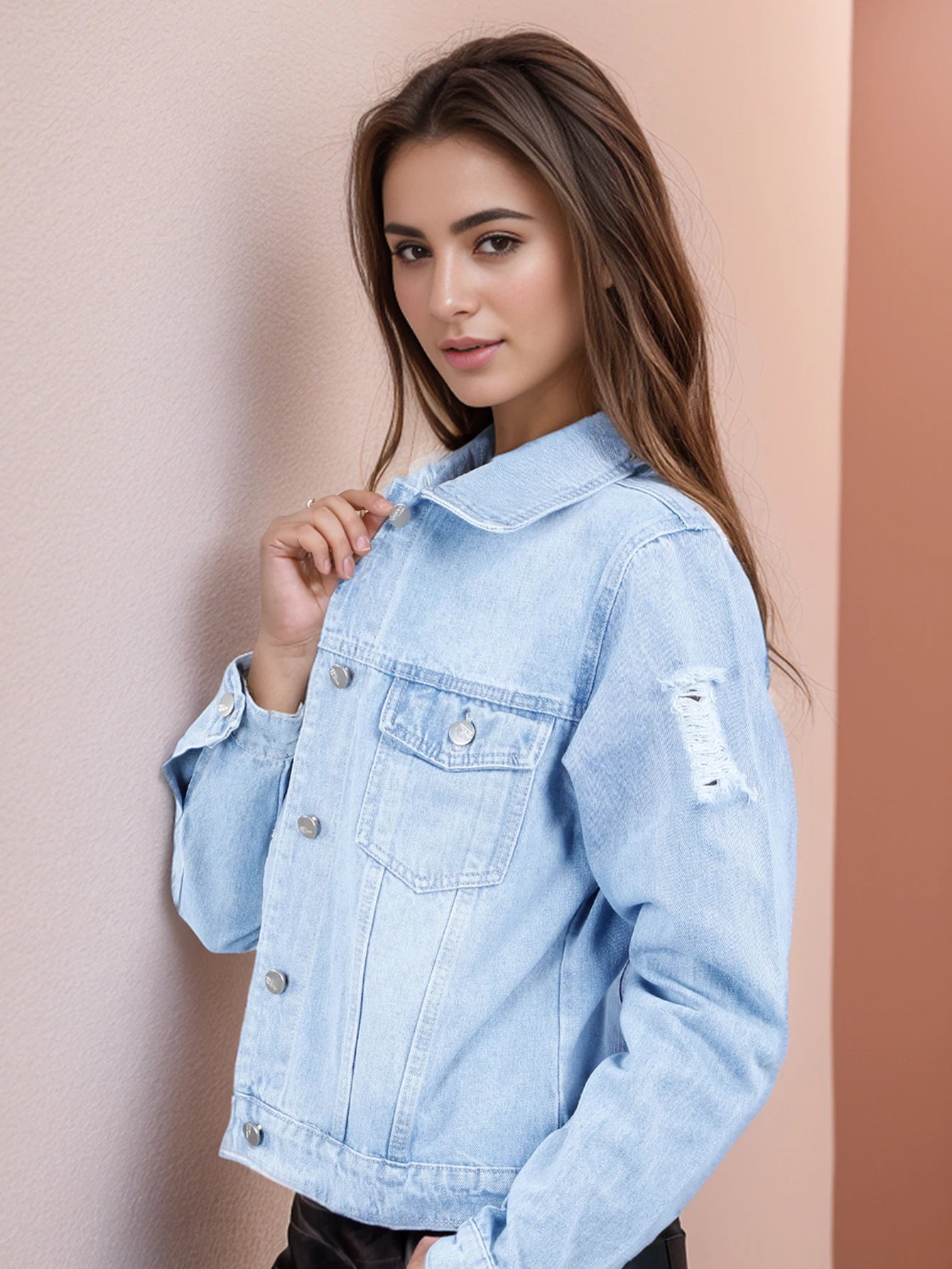 Chamarra Azul para Mujer, Estilo Denim con Botones de Metal y Diseño Desgastado NZ277