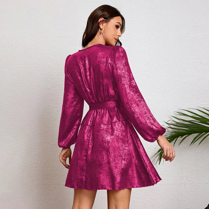 Vestido De Color Liso Con Cinturón Para Mujer,Vestido Corto De Manga Larga