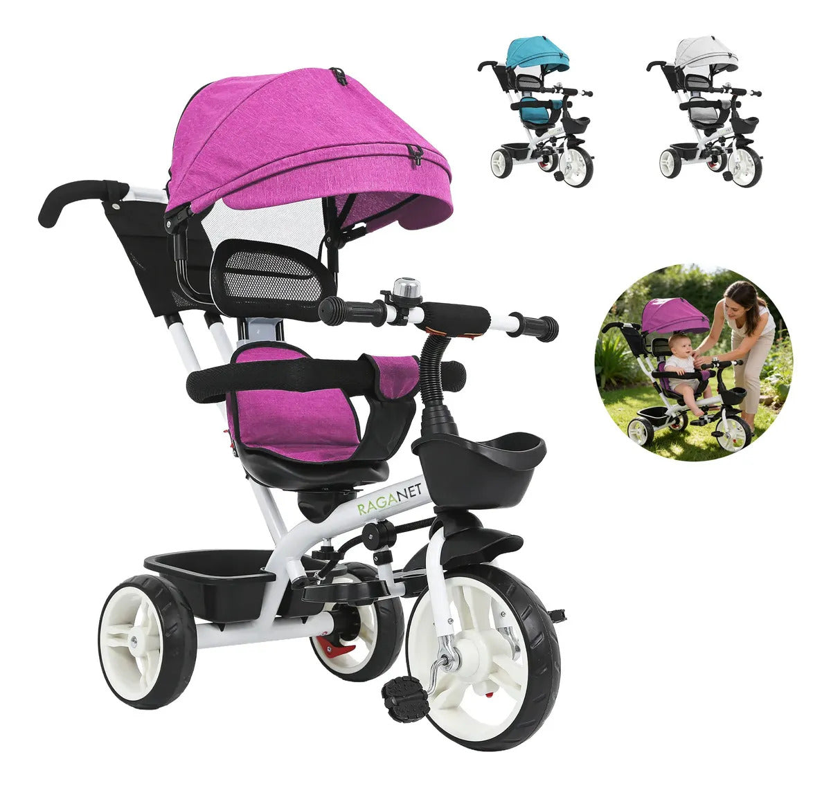 Triciclo infantil 3 en 1 tipo carriola, rosa