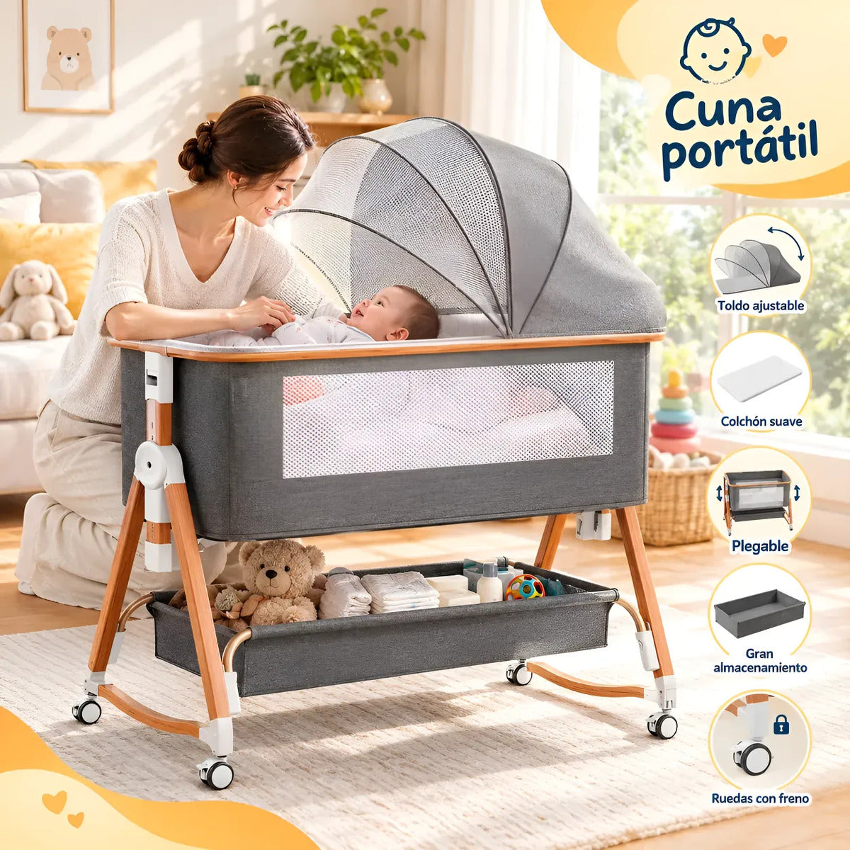 Cuna Plegable con Colchón y Mosquitero 4 Modos Gris