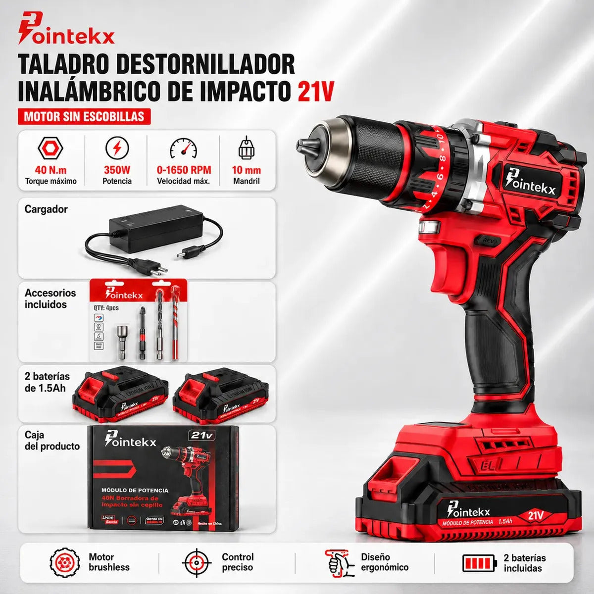 Taladro percutor inalámbrico 21 V con 2 baterías Pointekx Lite