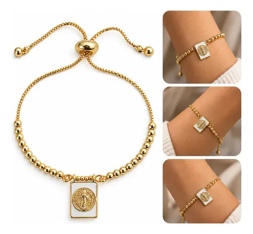 Pulsera con medalla de San Benito dorada ajustable