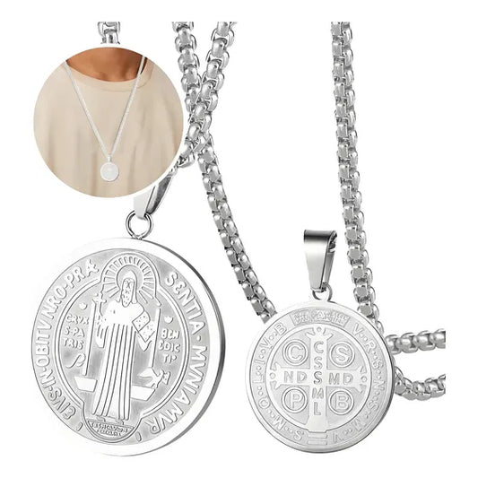 Collar con medalla de San Benito en acero inoxidable
