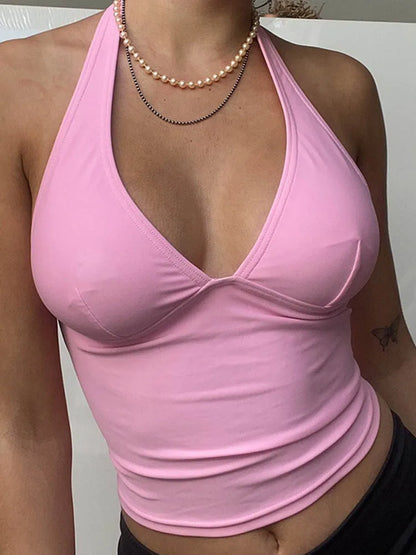 Camisola con cuello Halter para mujer, camiseta sin mangas Sexy con cuello en V, camiseta ajustada con espalda descubierta y corsé rosa, camisetas para mujer