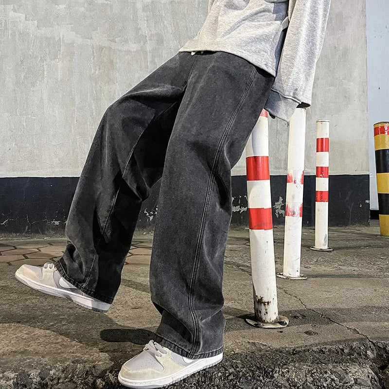 Ropa nueva de calle para hombre, pantalones vaqueros holgados de estilo coreano a la moda, pantalones de pierna ancha rectos holgados, ropa de marca para hombre, negro, azul claro, 2024