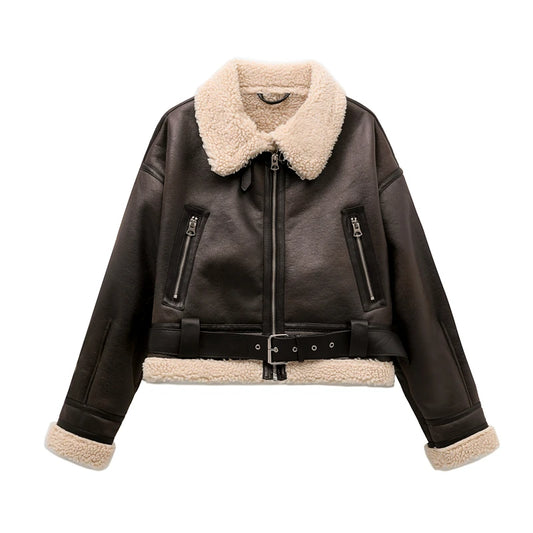 ZVRI 2023 nueva moda mujer gruesa cálida chaqueta de piel de oveja sintética abrigo Vintage de manga larga cinturón dobladillo exterior femenino