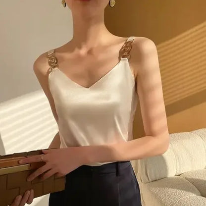 Camiseta sin mangas de satén negro con cuello en V, Top liso a la moda sin mangas para mujer, Tops sexis con espalda descubierta y espagueti de seda elegante con temperamento para verano 2024