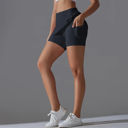 Falda de Yoga de bádminton, falda de tenis, cintura alta, transpirable, secado rápido, elasticidad, doble capa, mallas interiores