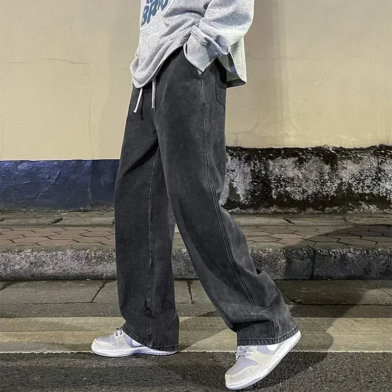 Ropa nueva de calle para hombre, pantalones vaqueros holgados de estilo coreano a la moda, pantalones de pierna ancha rectos holgados, ropa de marca para hombre, negro, azul claro, 2024