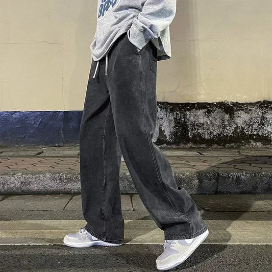 Ropa nueva de calle para hombre, pantalones vaqueros holgados de estilo coreano a la moda, pantalones de pierna ancha rectos holgados, ropa de marca para hombre, negro, azul claro, 2024
