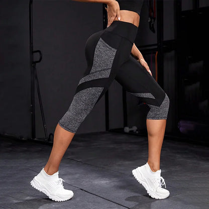 Pantalones de yoga de cintura alta con bloques de color Leggings capri con bolsillos para mujer Leggings capri de entrenamiento con control de barriga para mujer