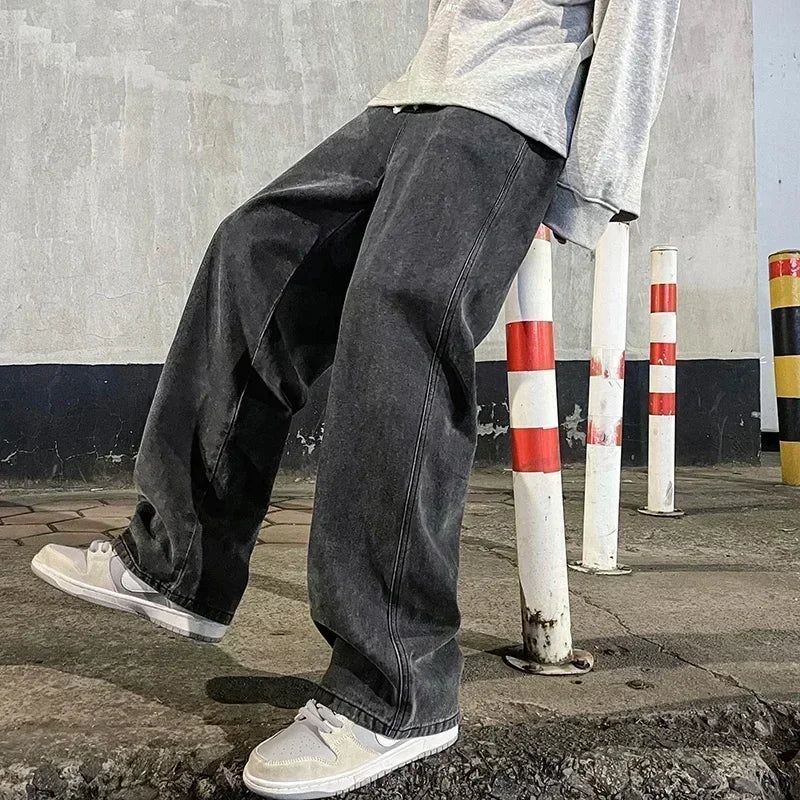 Ropa nueva de calle para hombre, pantalones vaqueros holgados de estilo coreano a la moda, pantalones de pierna ancha rectos holgados, ropa de marca para hombre, negro, azul claro, 2024