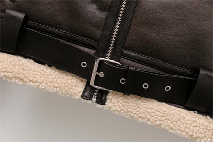ZVRI 2023 nueva moda mujer gruesa cálida chaqueta de piel de oveja sintética abrigo Vintage de manga larga cinturón dobladillo exterior femenino