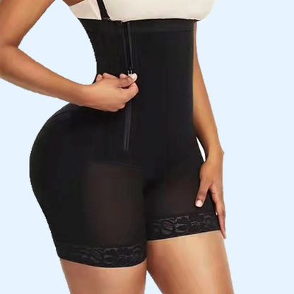 Faja colombiana tipo short con tirantes y control de abdomen - Cierre - Negro / XS