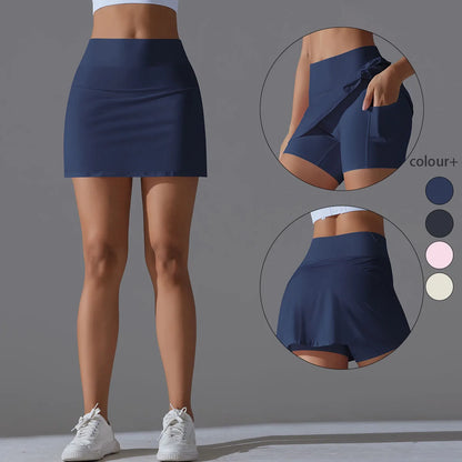Falda de Yoga de bádminton, falda de tenis, cintura alta, transpirable, secado rápido, elasticidad, doble capa, mallas interiores
