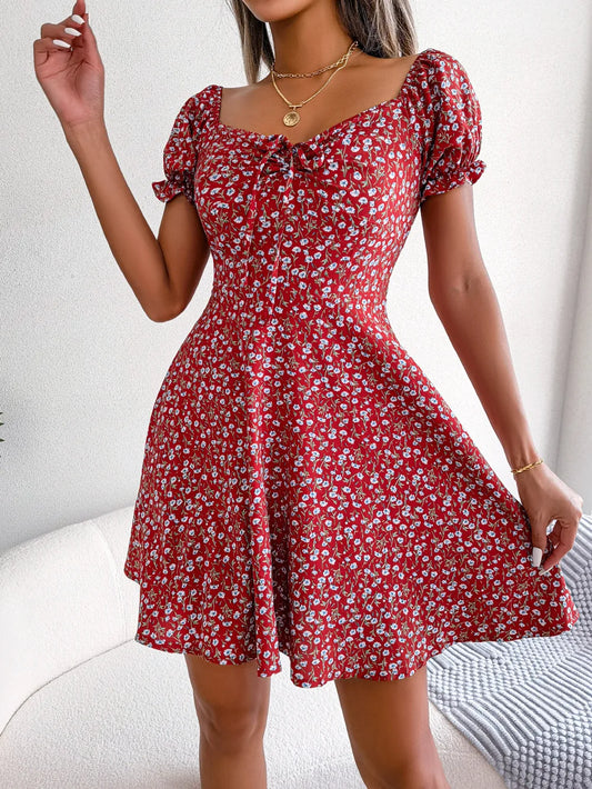 Vestido Corto Floral con Mangas Abullonadas - Rojo